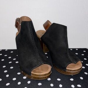 Dansko Black Open Toe Bootie Brown Strap Wooden Heels Women's Size 11